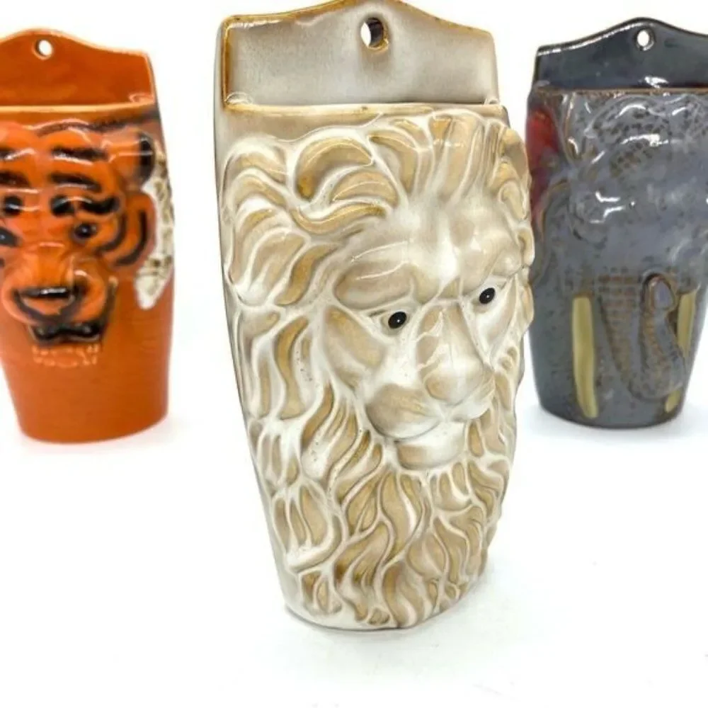 Safari Animals Tiger, Lion and Elephant Head Wall Pocket Vases